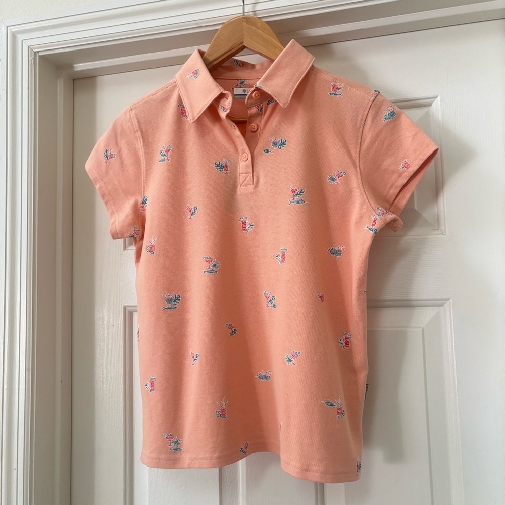 Columbia PFG South Sand Point Peach Print Polo Shirt Size Small Fish & Cocktails - Picture 3 of 13